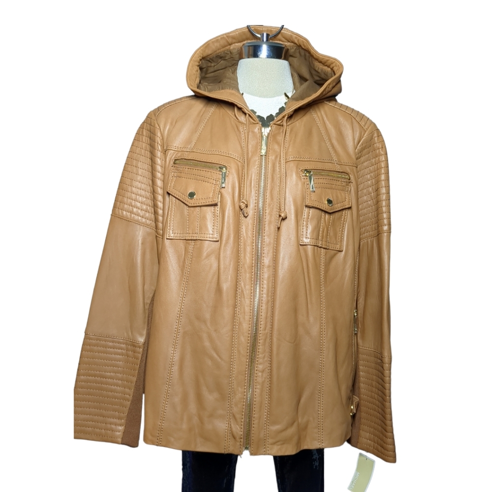 MICHAEL KORS Luxury Tan Genuine Leather Hoodie Jacket Size 3 X.